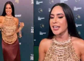 Isabelle Nogueira usa look de açaí em evento de premiação do príncipe William no Rio